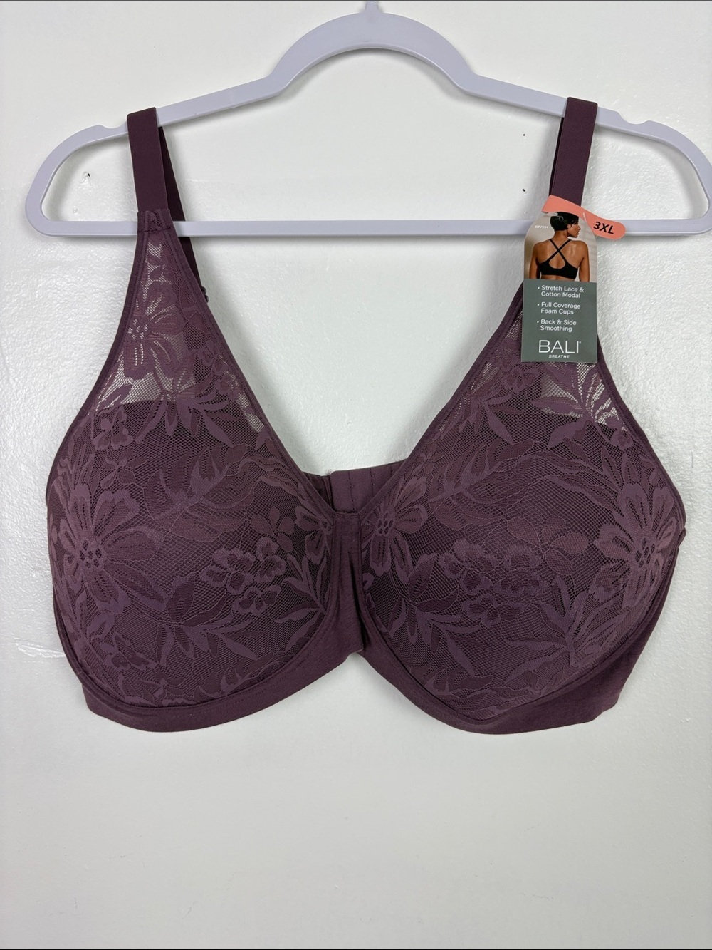 Bali Breathe Women's 3XL Full Coverage Wireless Lace Adjustable Straps Bra